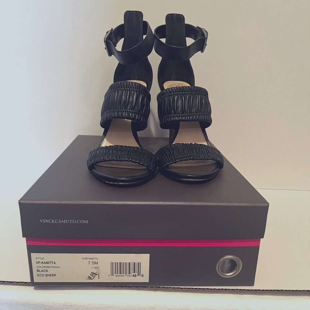 VINCE CAMUTO Leather Black Ankle Strap Open Toes Stiletto Heels KANITTA 7.5 M